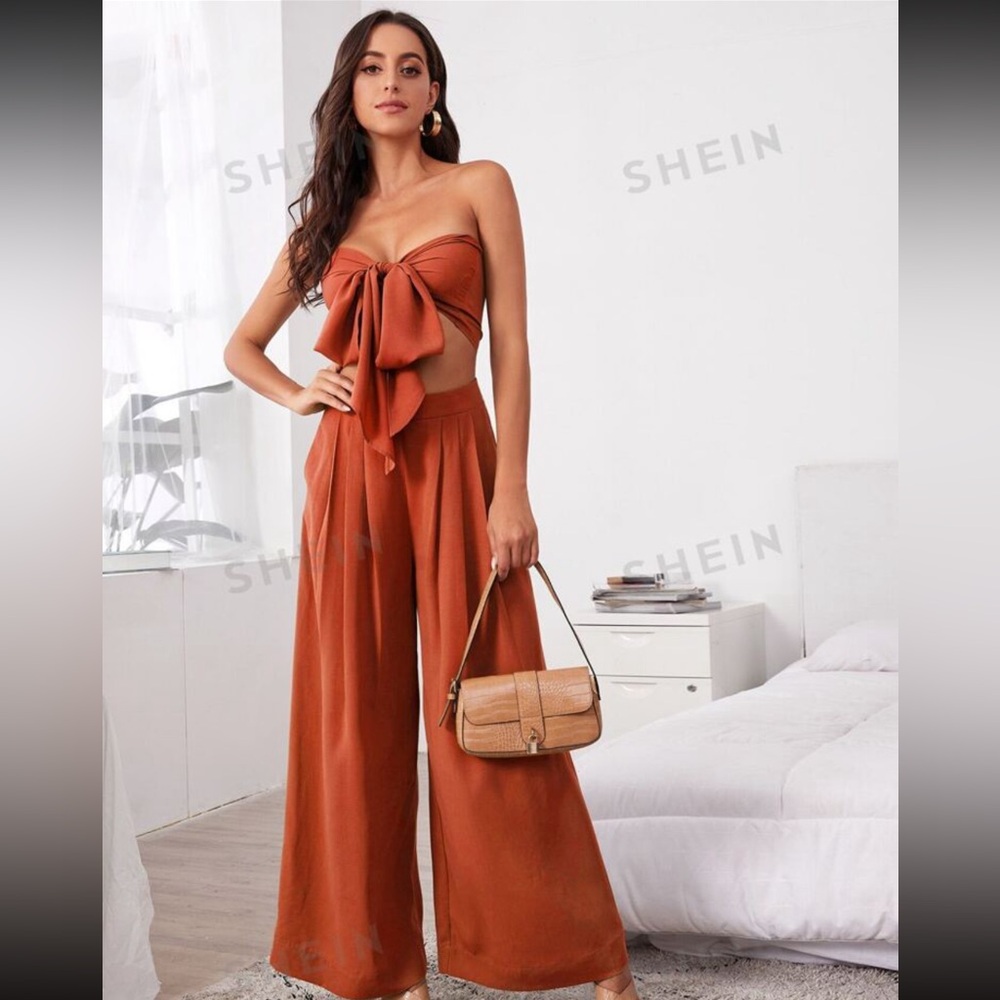 ⭐️ Two Piece Set Burnt Orange - Strapless Crop - Wide Leg Pant
